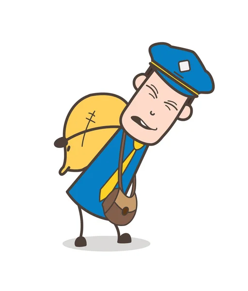Caráter do Postboy dos desenhos animados carregando um vetor de saco pesado — Vetor de Stock