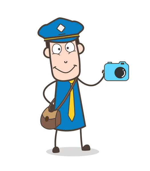 Cartoon Postman personnage montrant caméra Parcel Vector — Image vectorielle