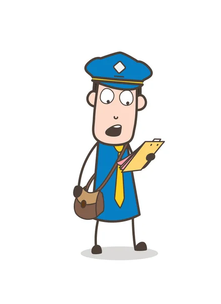 Cartoon Postboy liest Brief Vektor Konzept — Stockvektor