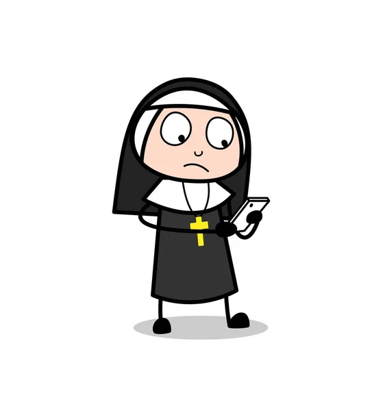 Cartoon nunna läsa meddelanden i mobila vektor — Stock vektor