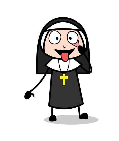 Cartoon Nun Showing Eyes and Tongue for Checkup Vector Illustration — Stock Vector