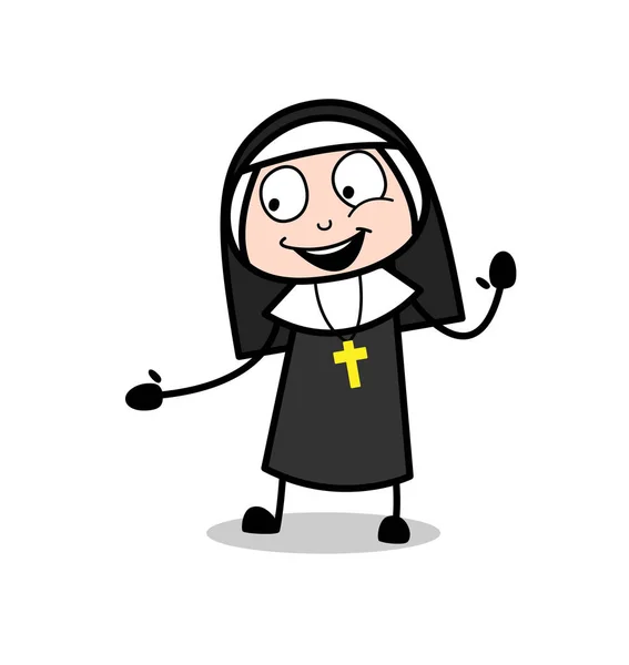 Joyful Nun personagem rindo e mostrando mão ajudando —  Vetores de Stock