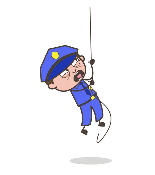 Cartoon Officer Doing Practice of Climbing Rope in Training — Stock Vector