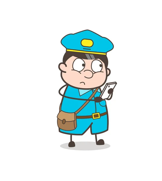 Comic Postman Reading Messages in Mobile Vector — Stock Vector