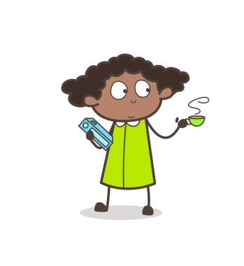 Komik genç kız öğrenci bir kitap ve kahve vektör Holding