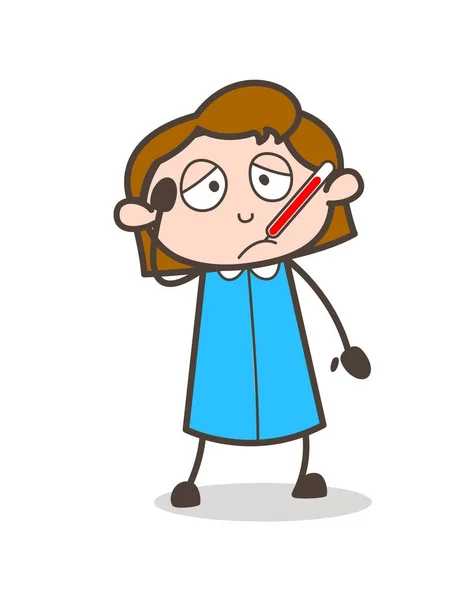 Comic Ill Woman with Fever-Thermometer Vector — Stock Vector