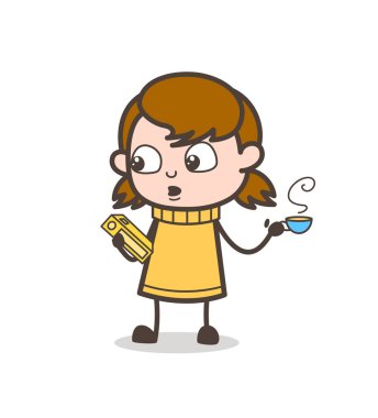 Küçük çocuk okuma defter ile sıcak kahve - sevimli çizgi kız illüstrasyon