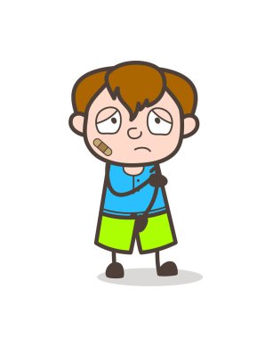 Yaralı çocuk yüz - sevimli çizgi çocuk illüstrasyon bandaj ile