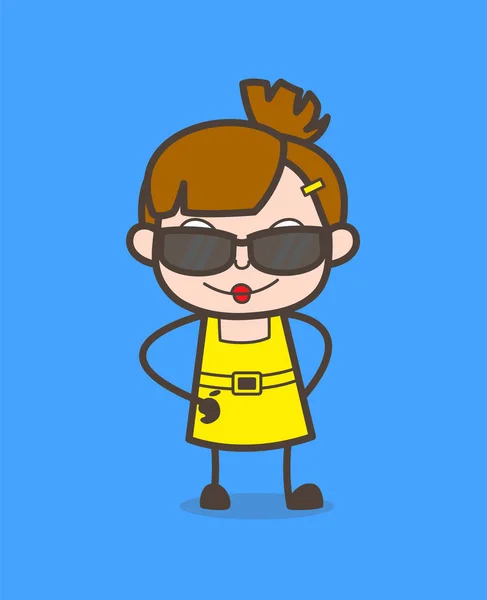 Smart Kid with Fancy Sunglasses - Cute Cartoon Girl Vector (dalam bahasa Inggris) - Stok Vektor