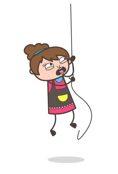 Climbing Rope in Fear - Beautician Girl Artist Cartoon Vector — Stock Vector