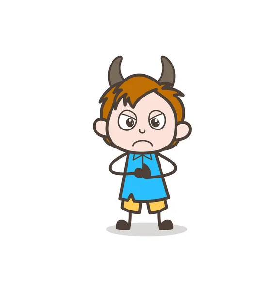 Petit garçon en colère avec des cornes - Mignon vecteur de dessin animé enfant — Image vectorielle