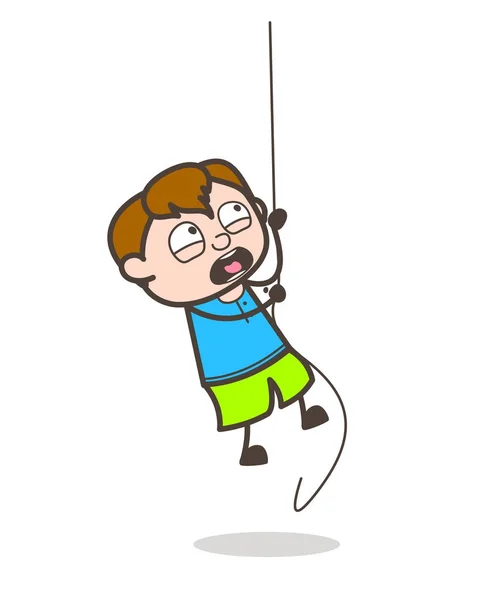 Straszne dziecko próbuje wspiąć się liny - chłopiec ilustracja kreskówka — Wektor stockowy