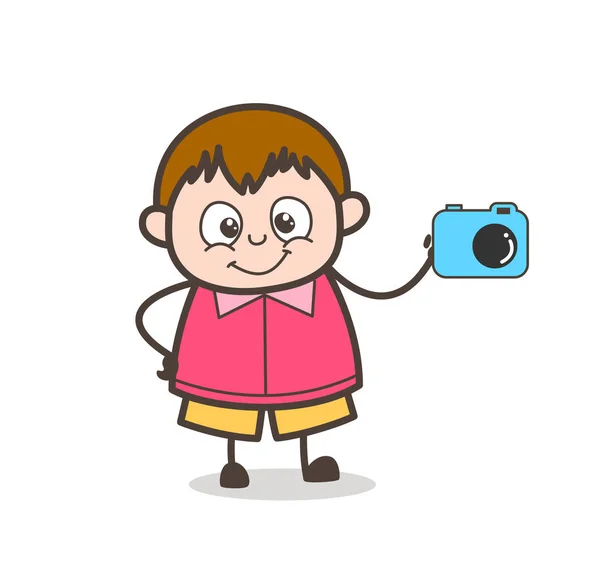 デジタル カメラのマーケティング コンセプト - かわいい漫画脂肪質の子供イラスト — ストックベクタ