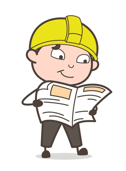 Reading Newspaper - Cute Cartoon Male Engineer Illustration — Διανυσματικό Αρχείο