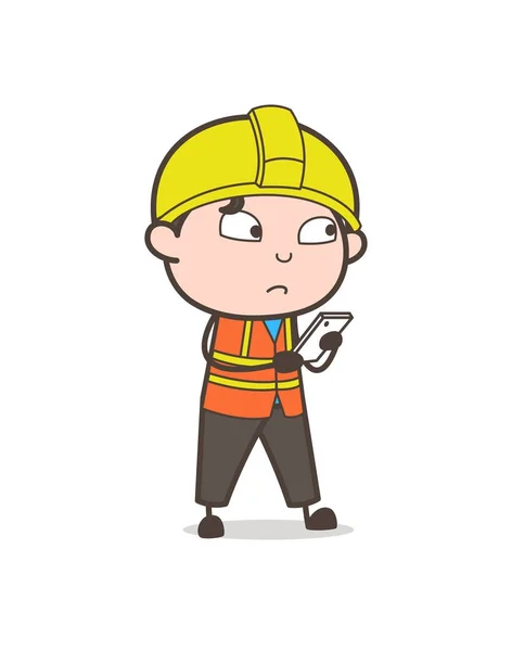 Smartphone Features - Cute Cartoon mannelijke ingenieur afbeelding controleren — Stockvector