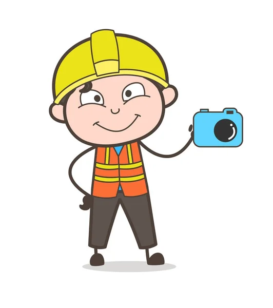 Venditore presentando macchina fotografica Carino Cartone Animato Maschio Engineer Illustrazione — Vettoriale Stock