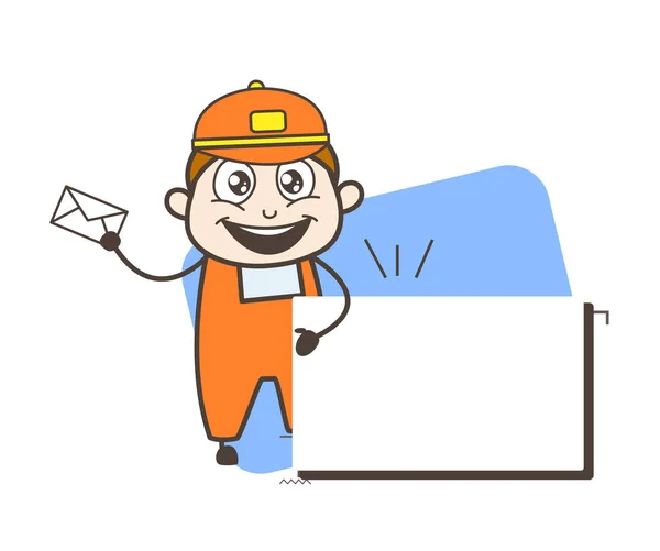 Serviço de desenho animado menino mostrando uma carta com banner em branco — Vetor de Stock