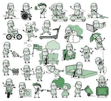 Vintage Comic Army Man Karakterleri - Concepts Vector illus Dizisi