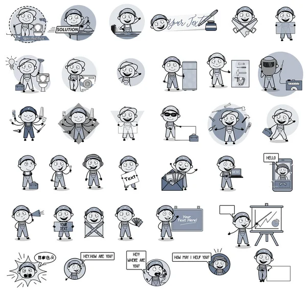 Verzameling van Comic Labor Repairman Character - Set van concepten — Stockvector