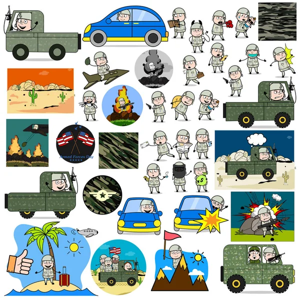 Different Comic Army Man Characters - Set of Concepts Vector ill — Stock Vector