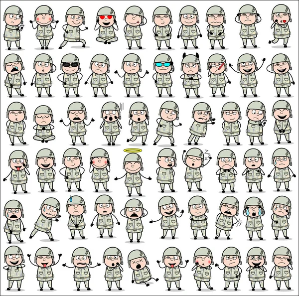 Comic Army Man Poses - samling av begrepp Vector illustratio — Stock vektor