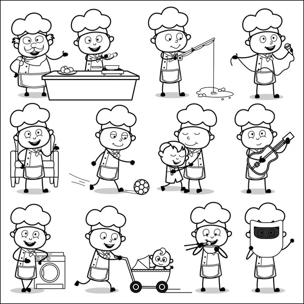 Chef cómico en blanco y negro - Conjunto de conceptos Vector ilustración — Vector de stock