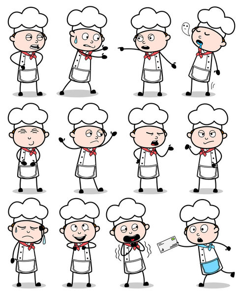 Cartoon Comic Chef Poses - Набор векторных иллюстраций
