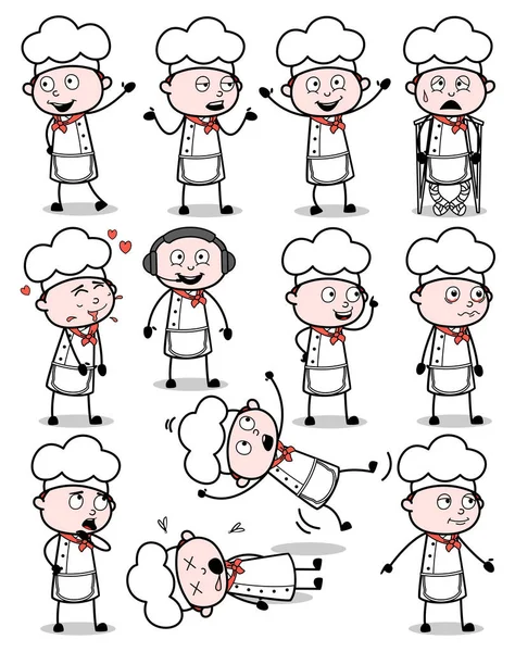 Många Poses of Cartoon Chef - Uppsättning koncept vektor illustration — Stock vektor