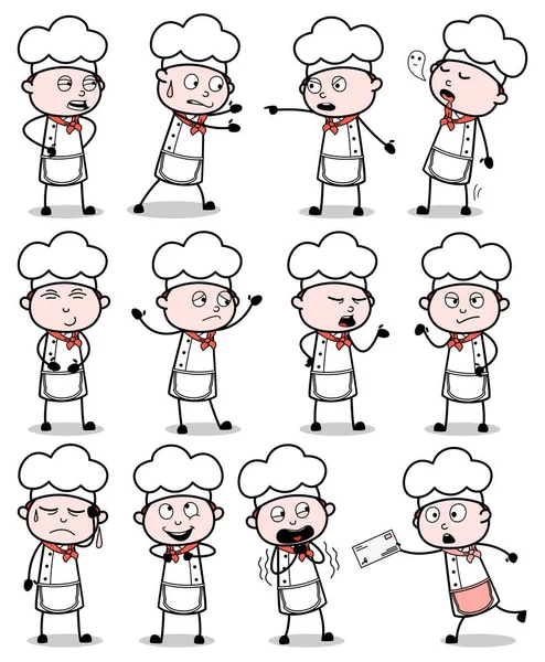 Comic Vintage Chef Poses - Set of Concepts Vector illustrations — Stock Vector