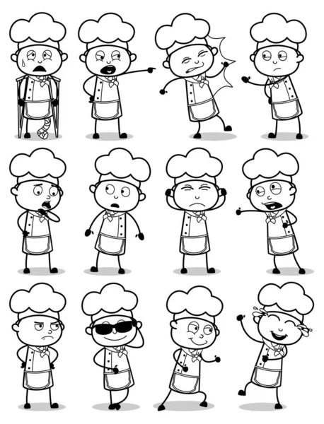 Various Retro Cartoon Chef Poses - Set of Concepts Vector illust — Stock Vector