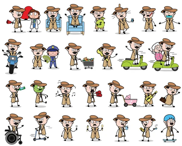 Olika Cartoon Detective Agent Character - uppsättning begrepp Vect — Stock vektor