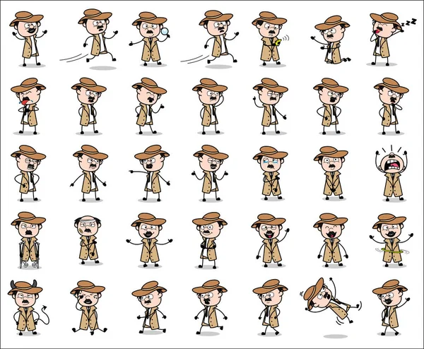 Berbagai Poses of Detective Agent - Set of Concepts Vector illust - Stok Vektor