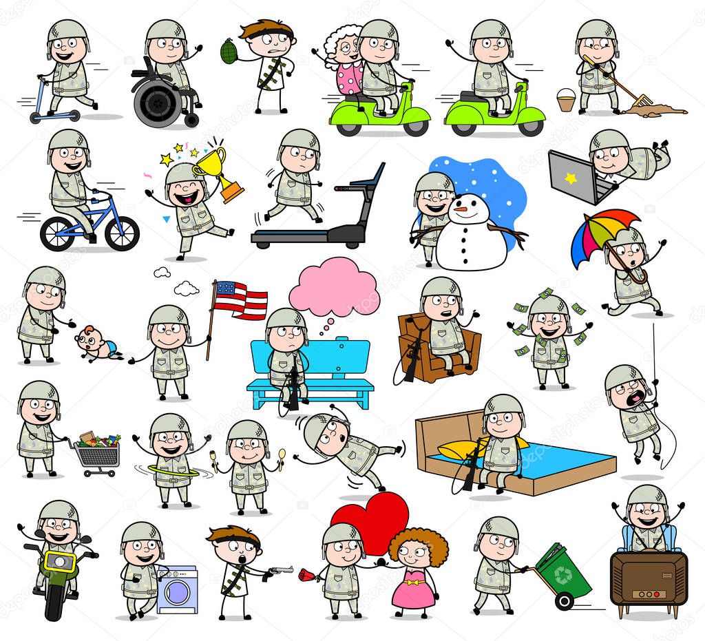 Cartoon Army Man - Set of Concepts Vector illustrations