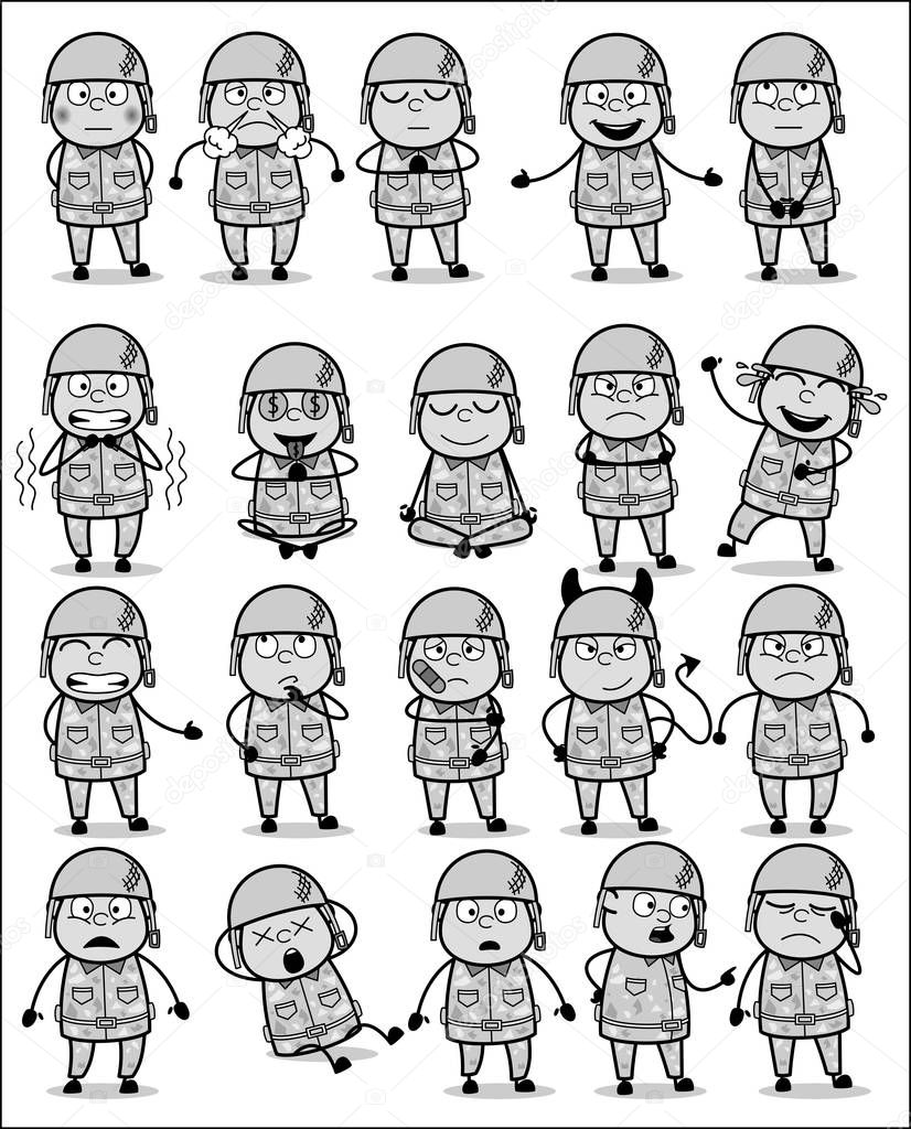 Many Poses of Cartoon Army Man - Set of Concepts Vector illustra