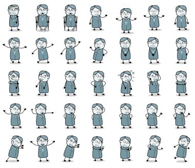 Vintage Comic Priest Monk Pozisyonları - Konseptler kümesi Vektör çizimi