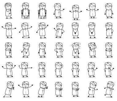 Çeşitli Retro Priest Monk Pozisyonları - Vektör İllüstrasyonları Konsepti