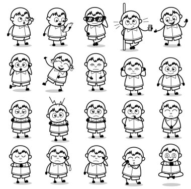 Şişman Çocuk Pozisyonlarının Retro Çizimi - Vektör illüstrası Kavramları Seti
