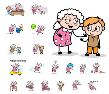 Çeşitli Karikatür Yaşlı Büyükanne Karakteri - Kavramsal Vektör İli