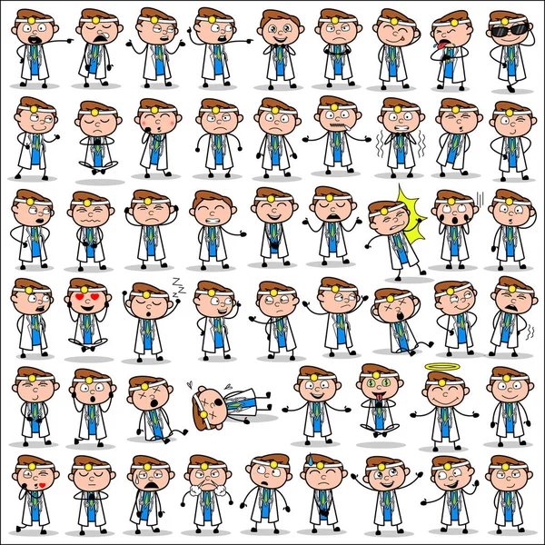 Muchas Poses of Cartoon Doctor - Conjunto de conceptos Vector illustrati — Archivo Imágenes Vectoriales