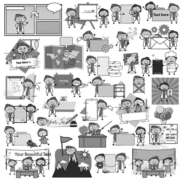 Retro Comic Doctor Various Concepts - Black and White Cartoon Ve