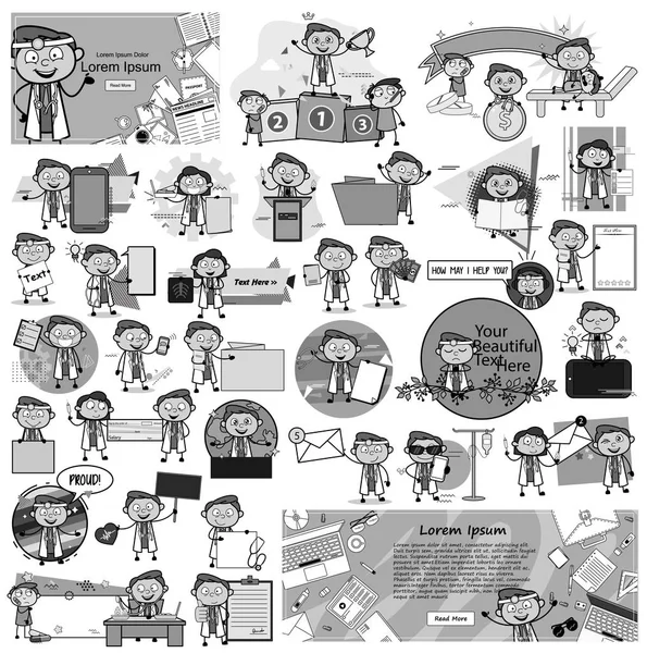 Black and White Comic Doctor Character - Set of Concepts Vector