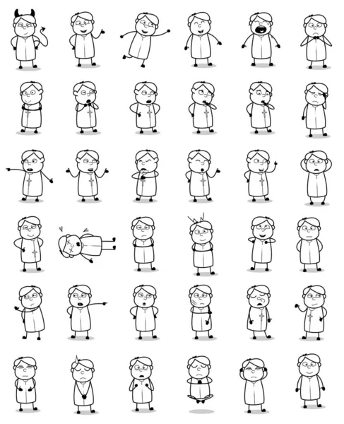 Various Cartoon Priest Monk Poses Drawings - Set of Concepts Vec — 스톡 벡터