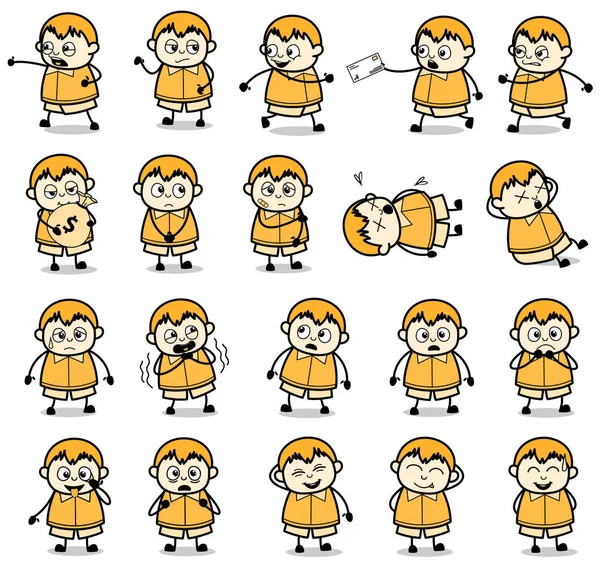 Funny Cute Cartoon Fat Boy Poses - Set of Concepts Vector illust — 스톡 벡터