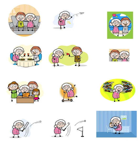 Çeşitli Comic Old Granny - Vektör İllüstrasyonları Konsepti