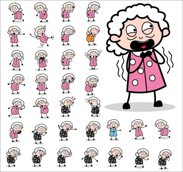 Comic Funny Old Granny Character - Zestaw pojęć Vector illust — Wektor stockowy