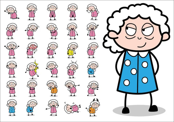 Komik Komedi Yaşlı Büyükanne Karakteri - Konseptler Seti Vecto