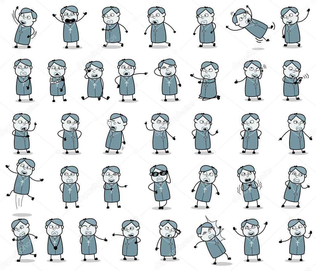 Various Comic Poses of Priest Monk - Set of Concepts Vector illu