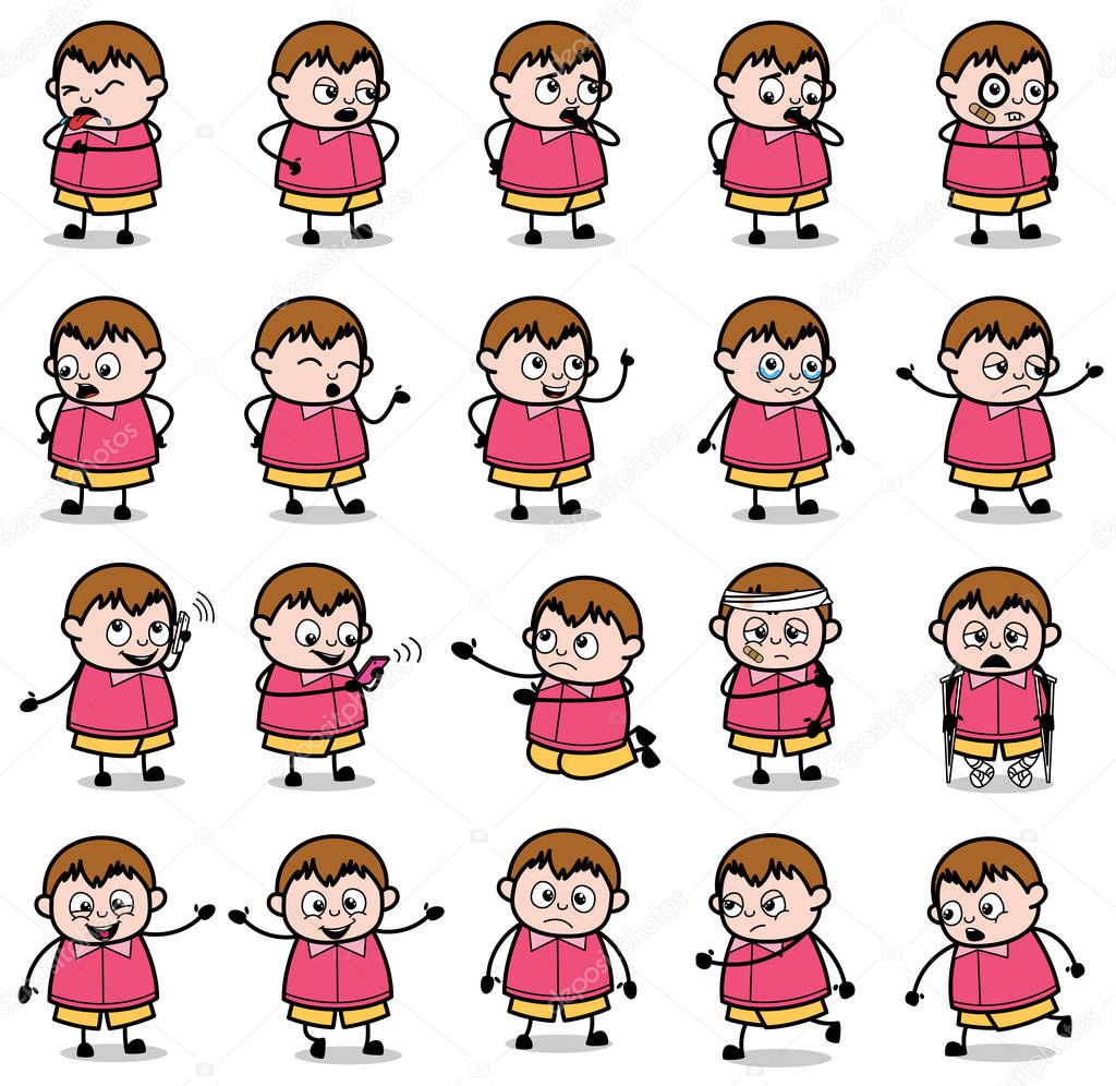 Lots of Poses with Cartoon Fat Boy - Set of Concepts Vector illu