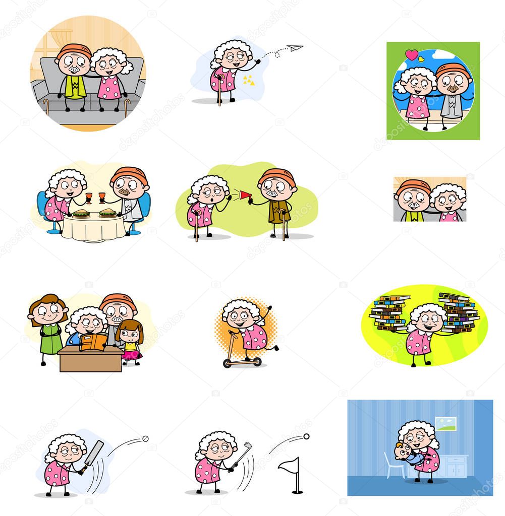 Various Comic Old Granny - Set of Concepts Vector illustrations