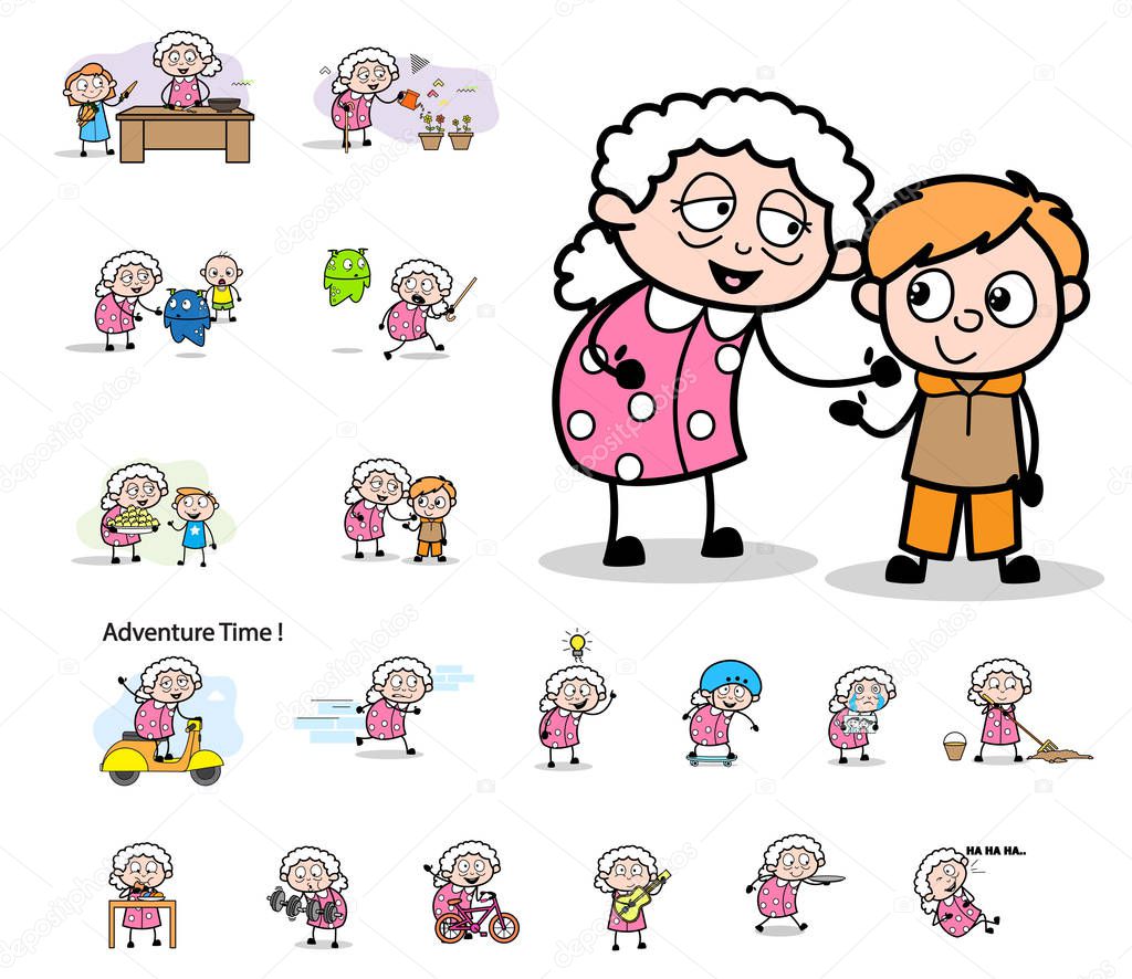 Various Cartoon Old Granny Character - Set of Concepts Vector il